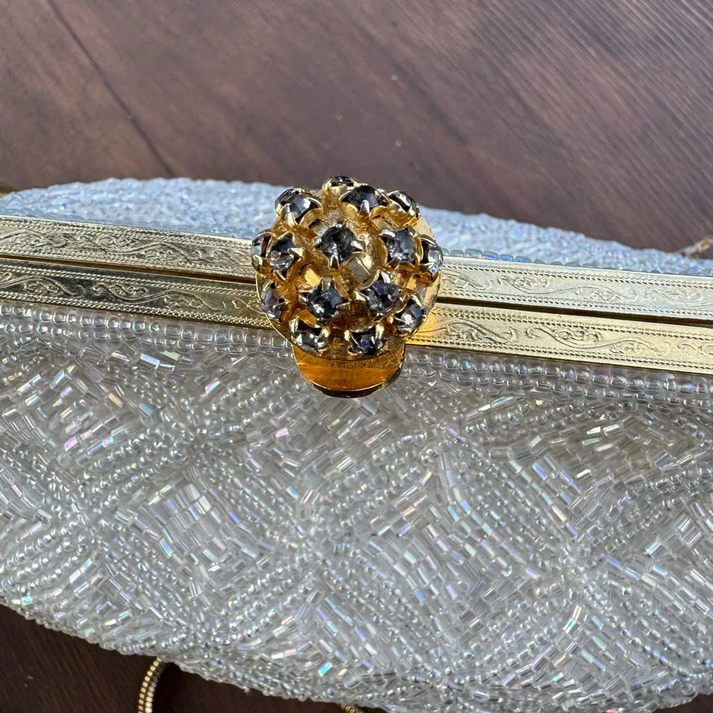 Vintage La Regale LTD Beaded Sequin Ivory Gold Clutch with Rhinestone Clasp